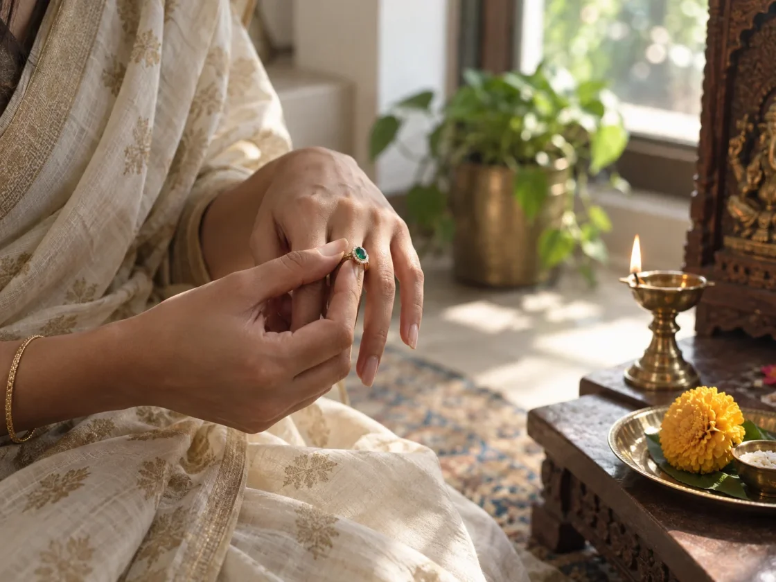 Wearing a gemstone ring beside a brass diya and Puja flowers