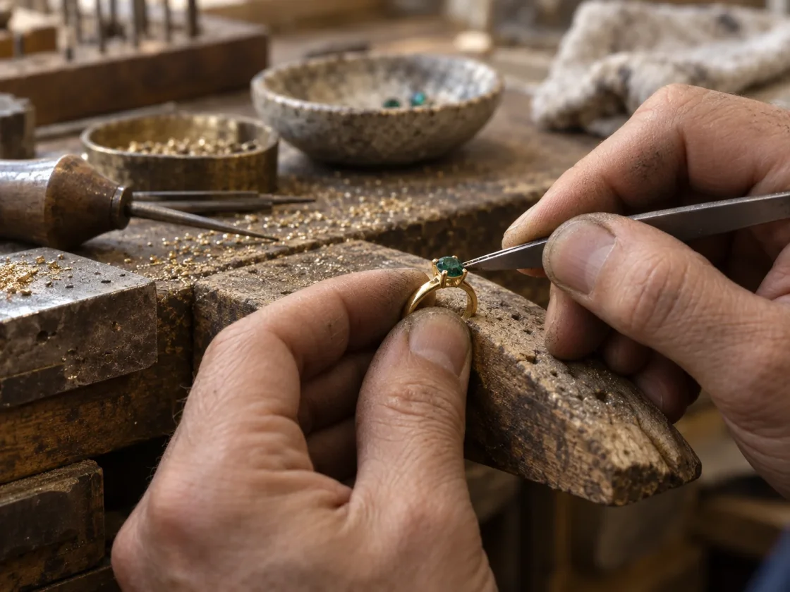 An artisan carefully setting a gemstone into a gold ring