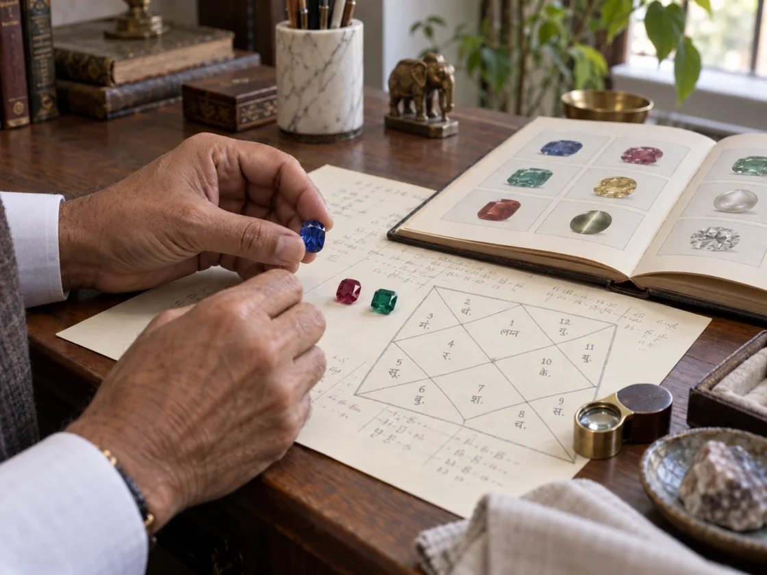Gemstone guidance with a North Indian diamond-style kundli and gemstone reference book