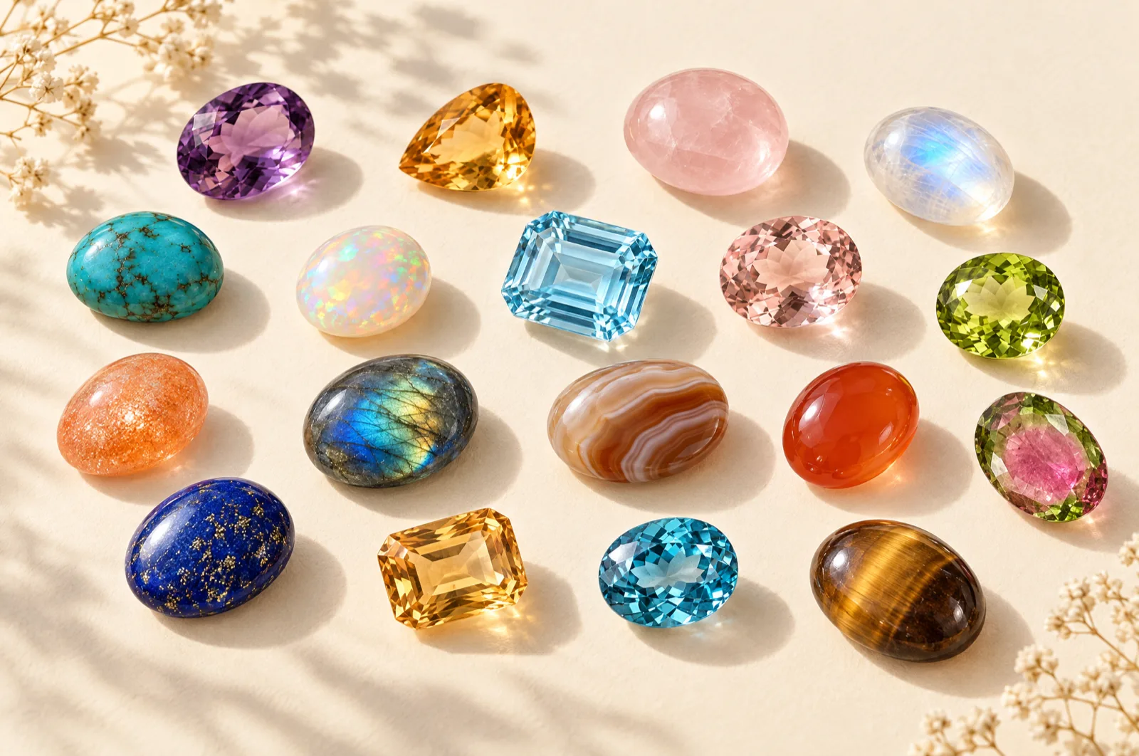 All eighteen semi-precious stones, from amethyst and aquamarine to lapis lazuli and tiger’s eye, on ivory paper